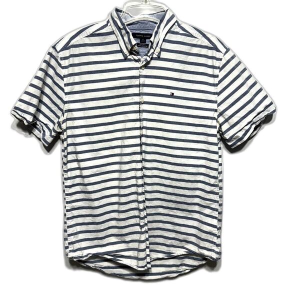 Tommy Hilfiger Button Up Collar Short Sleeve Shirt Blue Custom Fit Men sz Medium - Picture 1 of 11